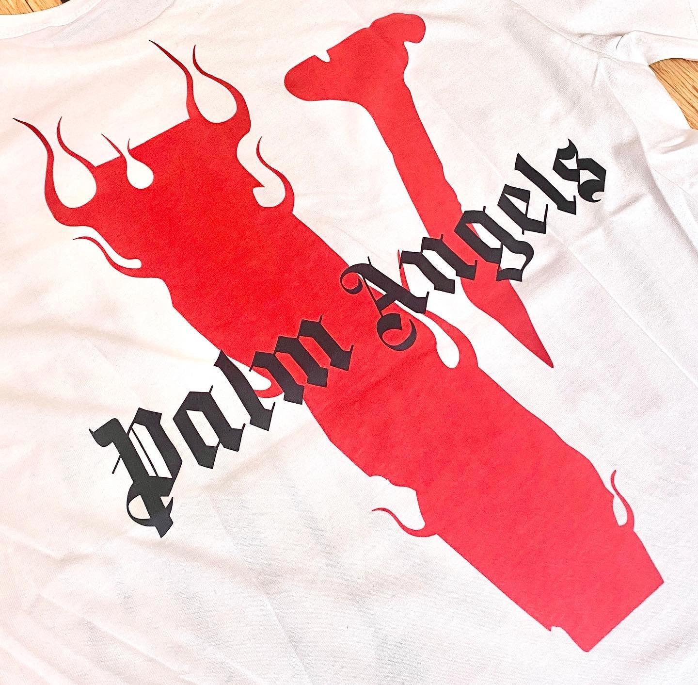 Vlone X Palm Angels Tee Size Medium White And Red Nepal